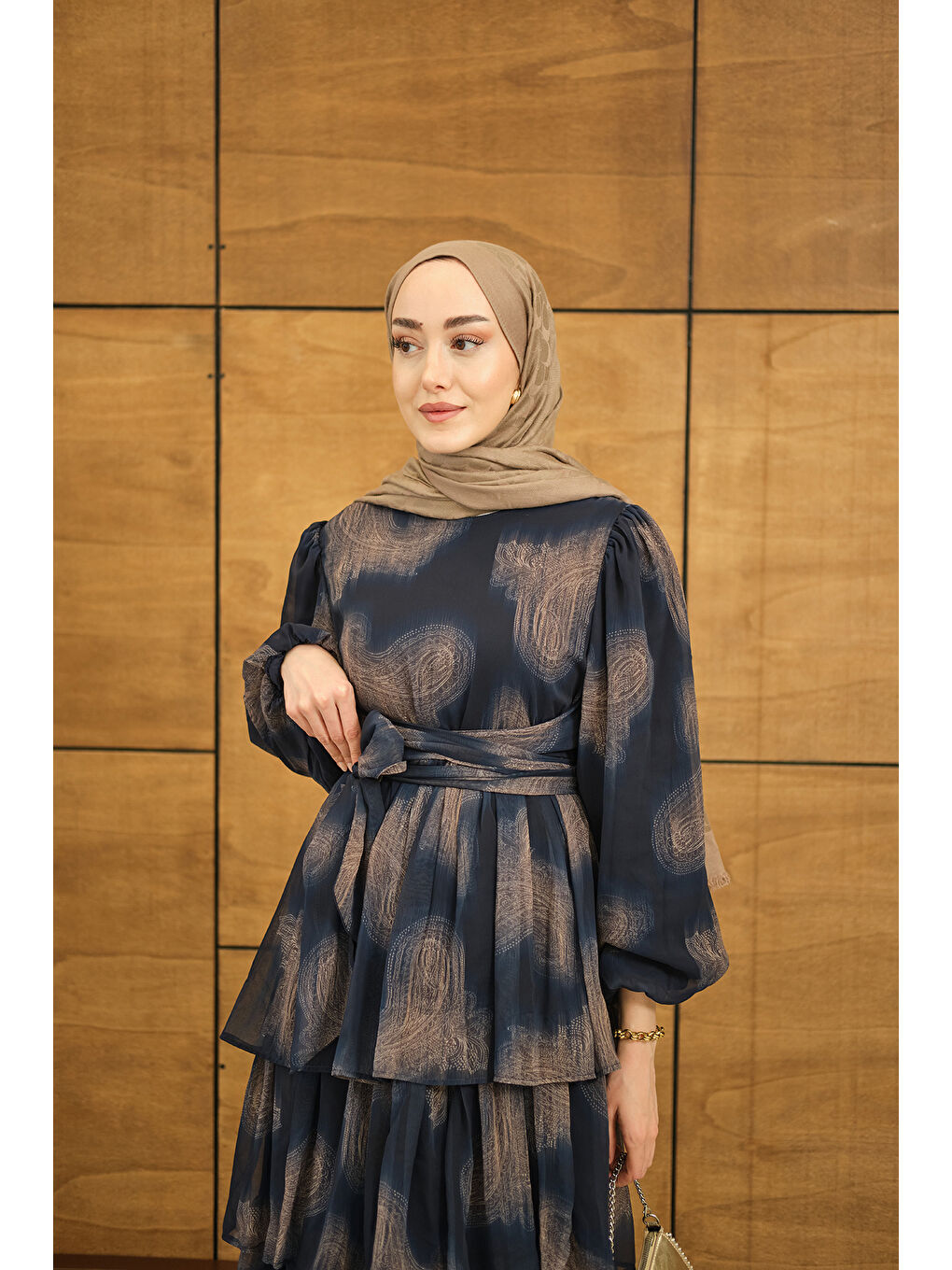 Kadın Kat Kat Dökümlü Şifon Elbise Lacivert-1