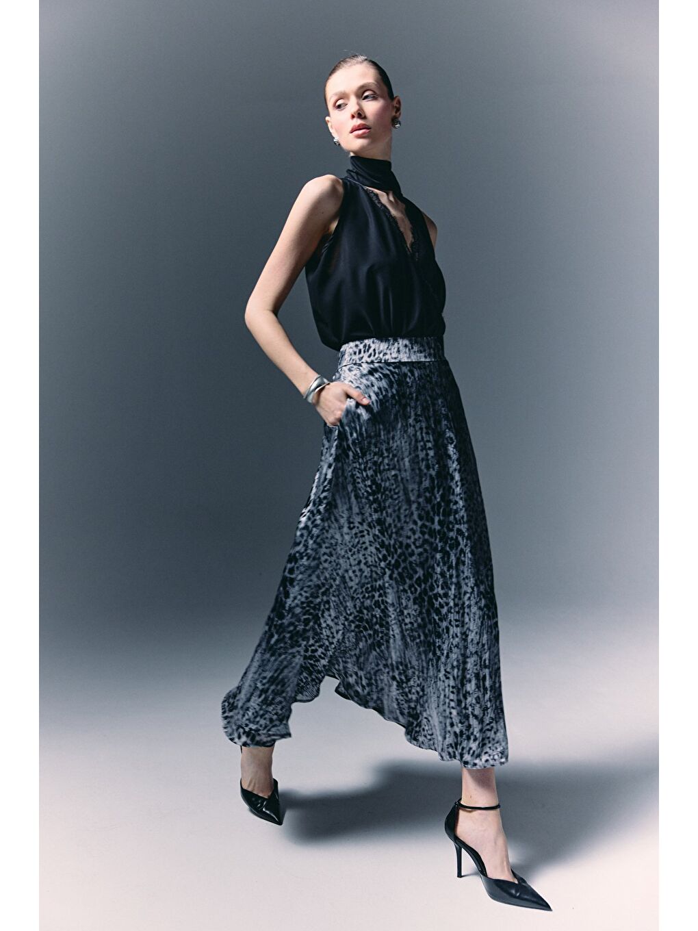 Leopar Desenli Uzun Etek - Siyah