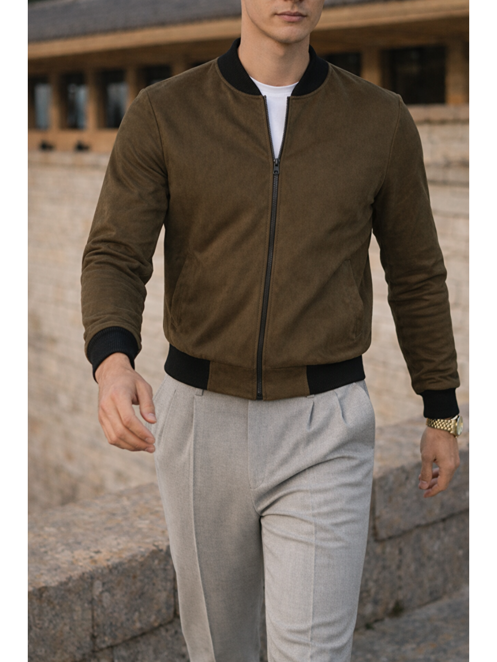 Erkek Smart Casual Haki Nubuk Ceket-2