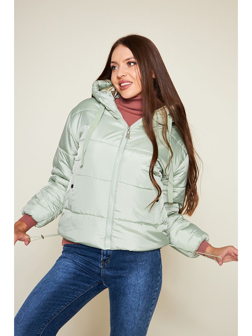 Yeşil Kadın Kışlık Cepli Basic Kapüşonlu Mint Şişme Mont-2