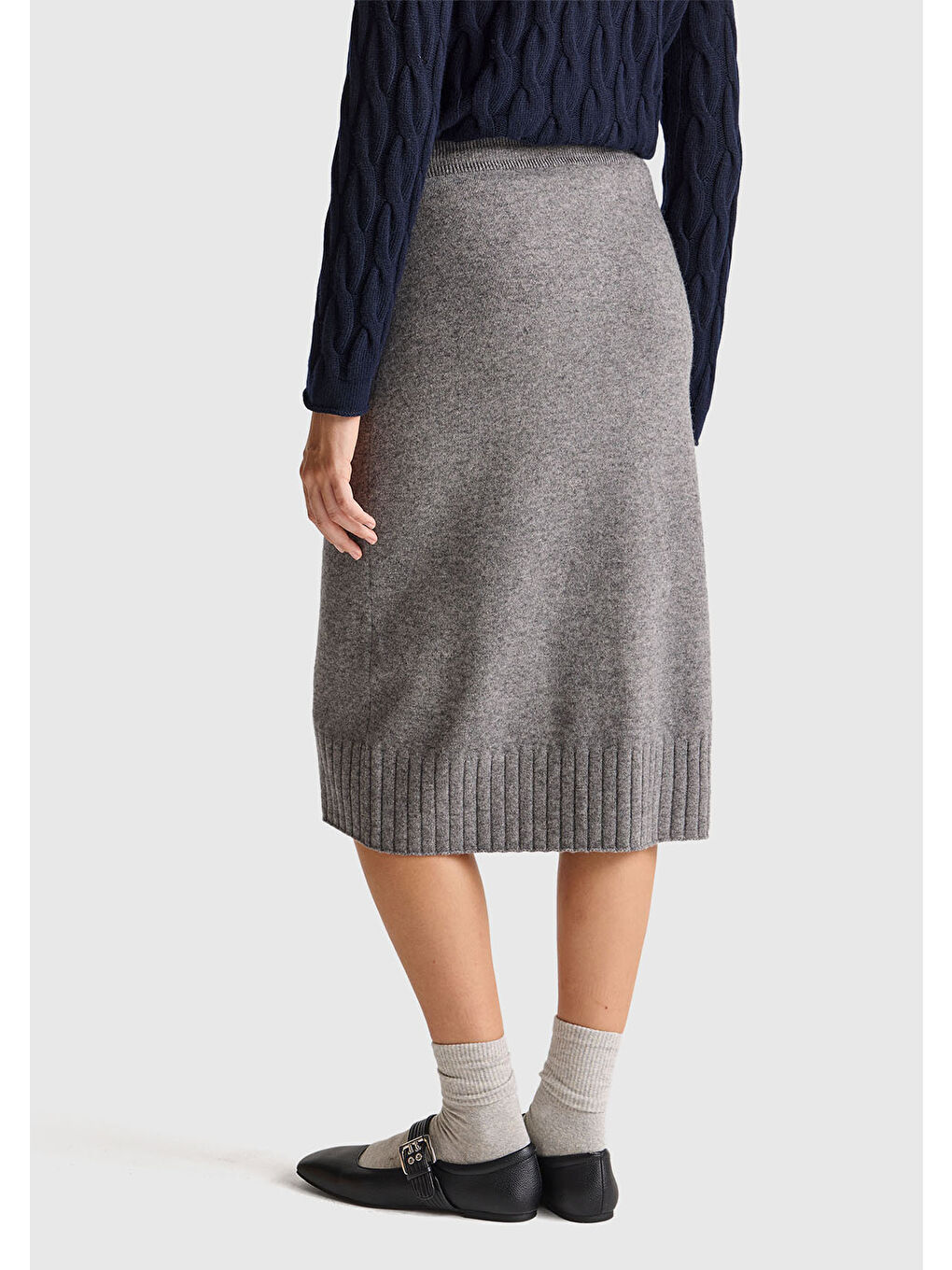 Gri Kadın Antrasit Melanj Pamuk ve Yün Karışımlı Ribana Detaylı Bağcıklı Örme Etek-2