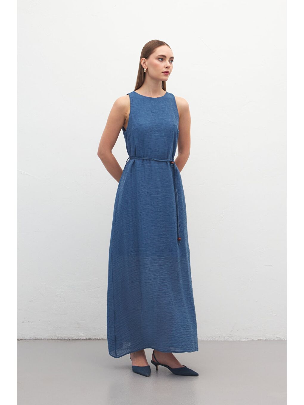 Kemer Detaylı Uzun Elbise - İndigo-2