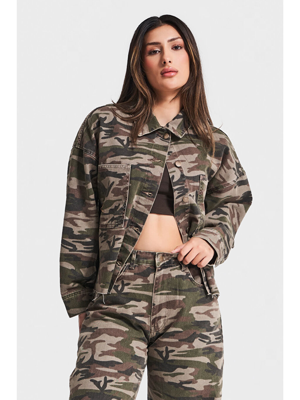 Kahverengi Kadın Kamuflaj Renk 1w5-28 Bol Kesim Tasarım Denim Ceket-1