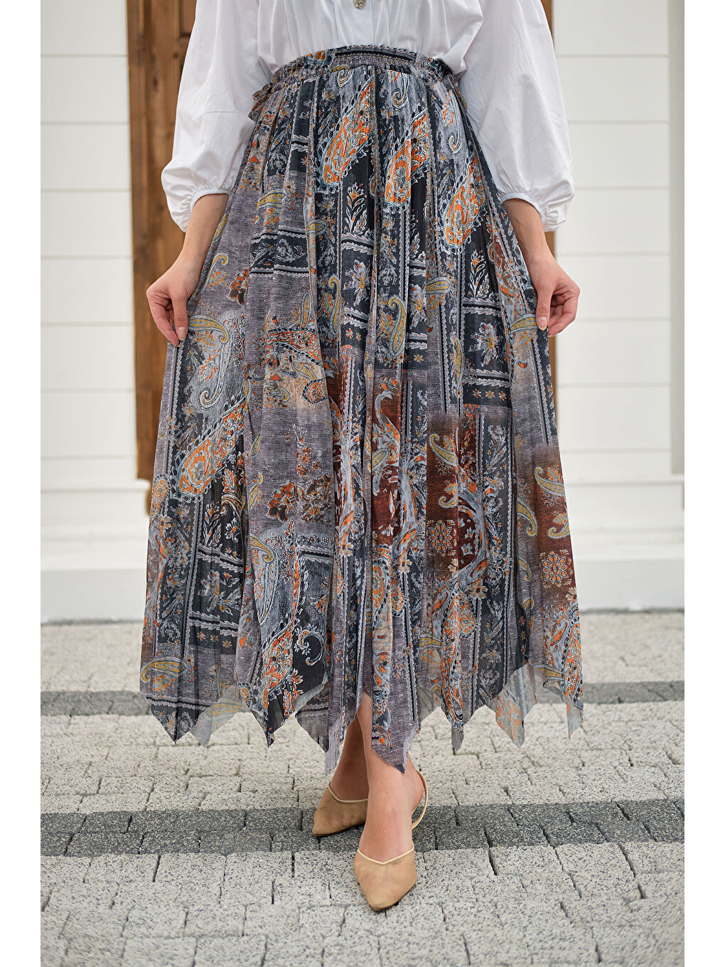 Kadın Etnik Desen Asimetrik Kesim Şifon Etek Antrasit-2