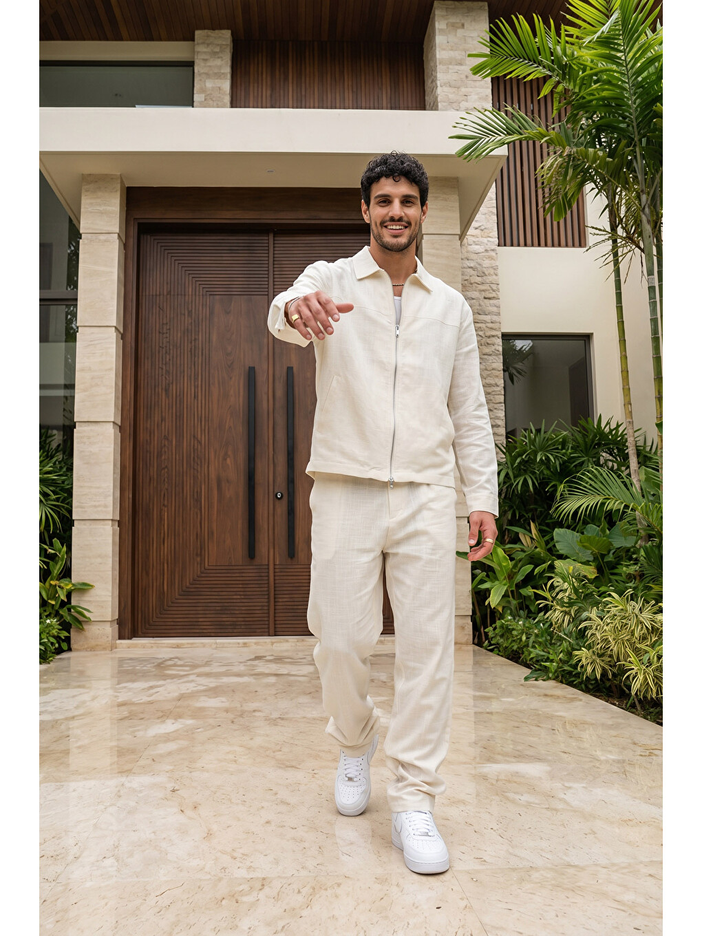 Bej Artigas Premium Fermuarlı Düz Basic Ceket Pantolon Erkek Takım Relax Kalıp-1