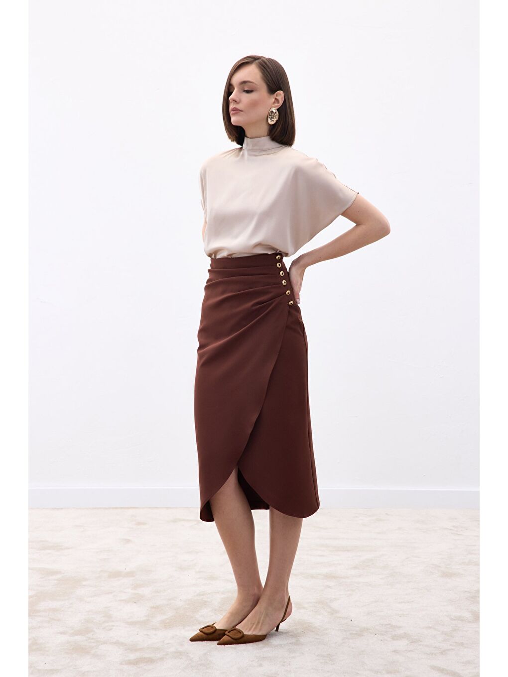 Kahverengi Düğme Detaylı Kalem Etek - Kahve