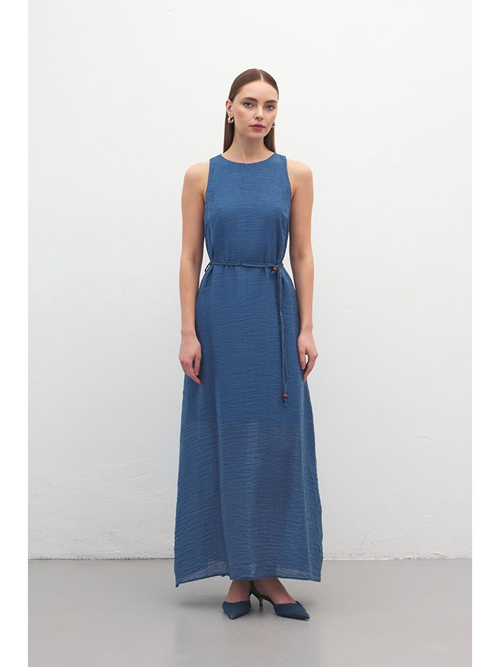 Kemer Detaylı Uzun Elbise - İndigo-3