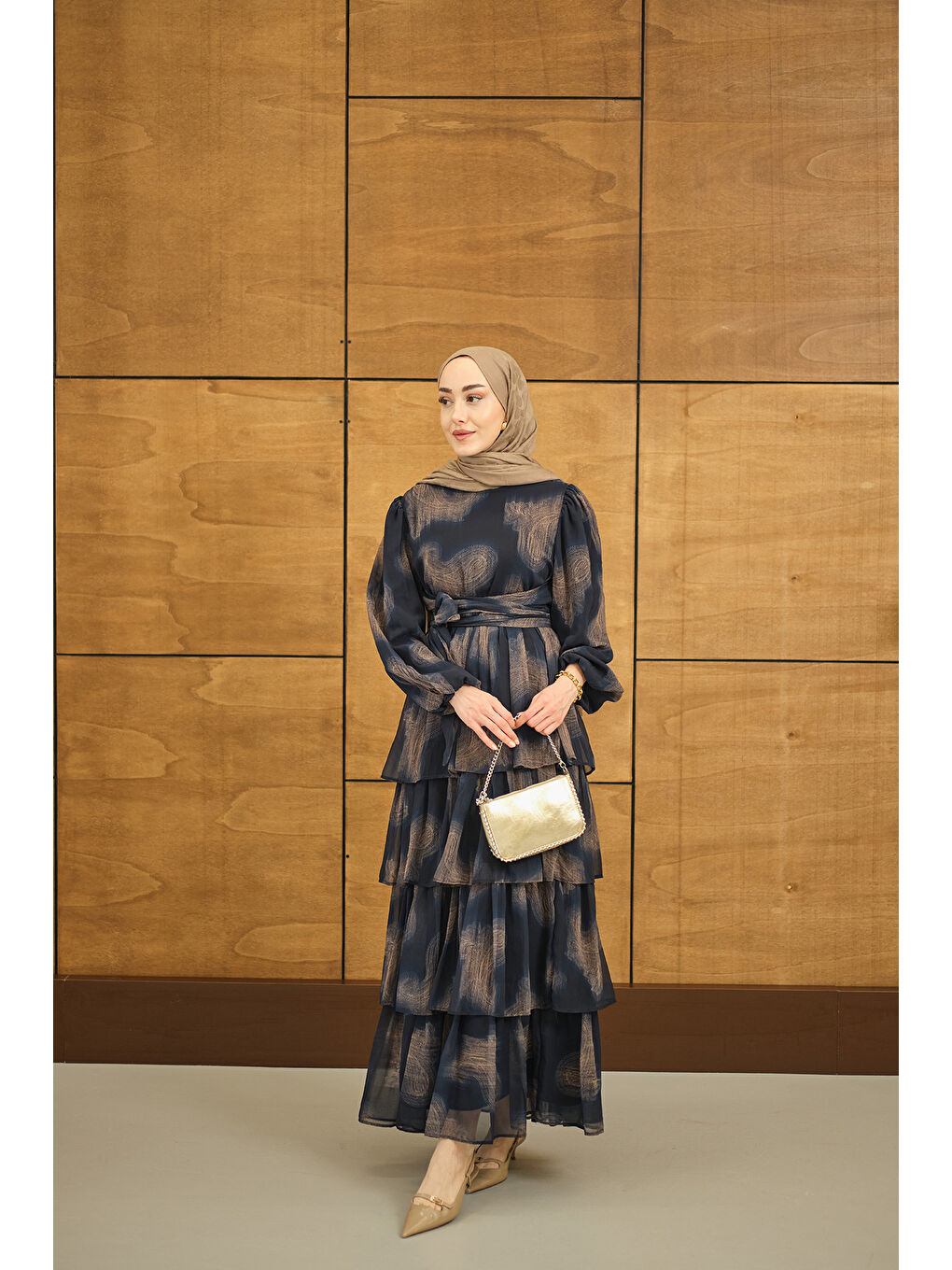 Kadın Kat Kat Dökümlü Şifon Elbise Lacivert-2