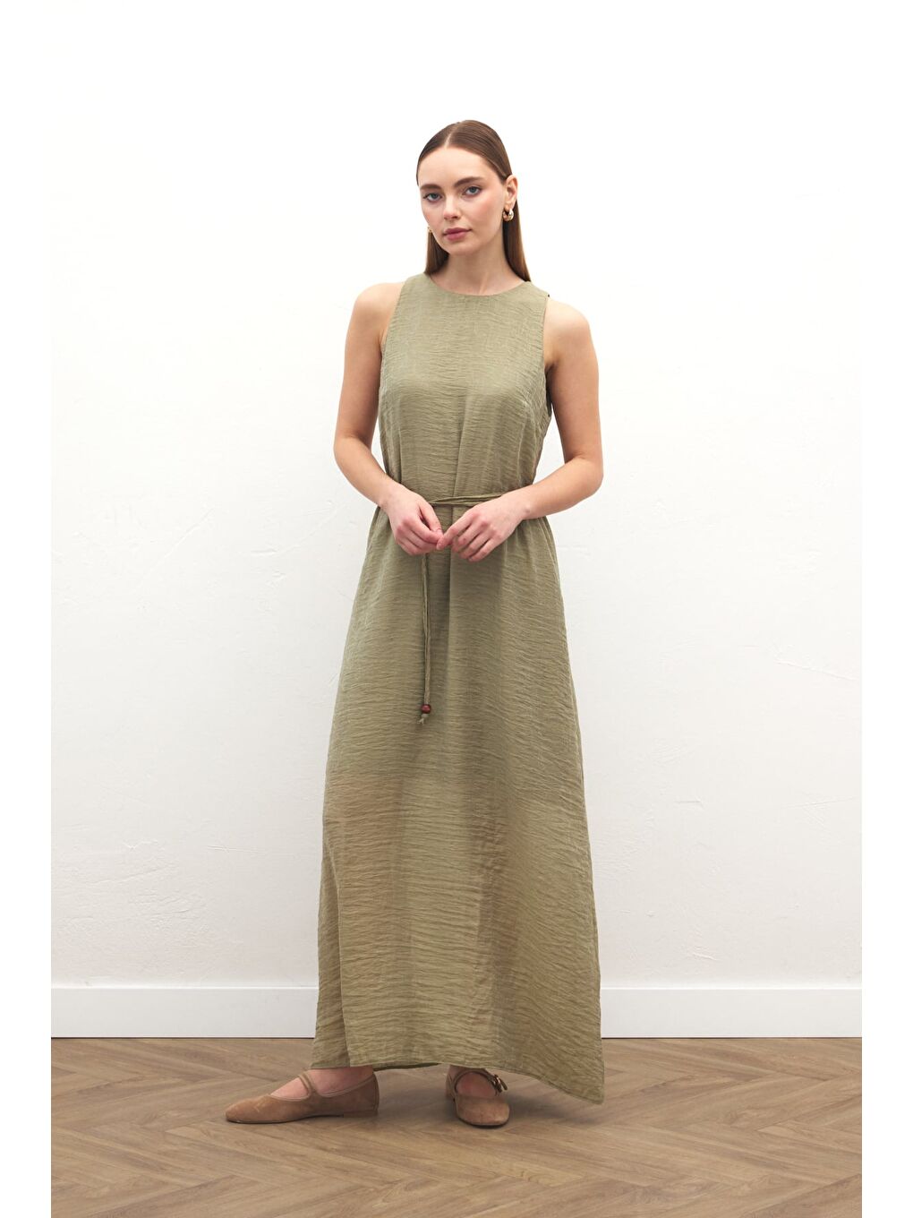 Kemer Detaylı Uzun Elbise - Haki-1