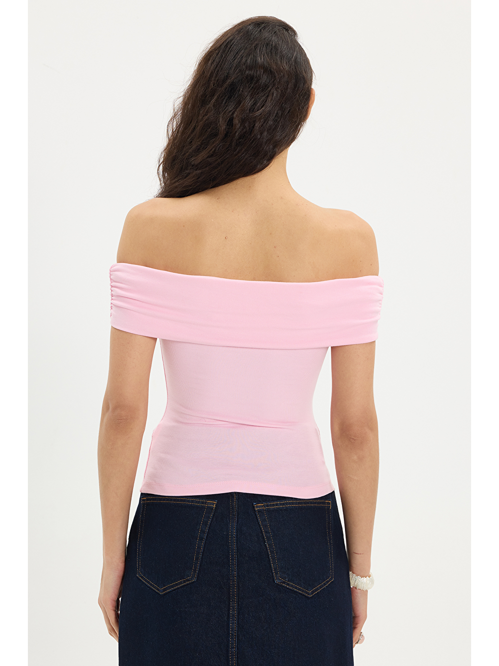Kadın Slim Fit Dar Kesim Pamuklu Kayık Yaka Kısa Kollu Elastanlı Pembe Bluz-5