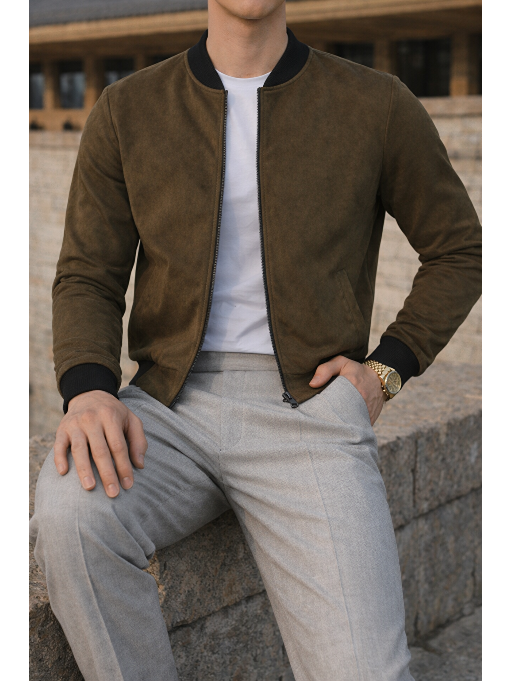 Erkek Smart Casual Haki Nubuk Ceket-3