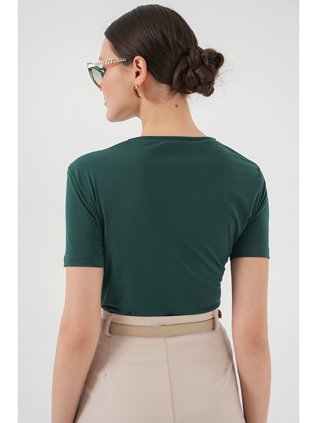 Büzgü Detaylı Kısa Kol Sandy Bluz 945 - Zümrüt Yeşili-4