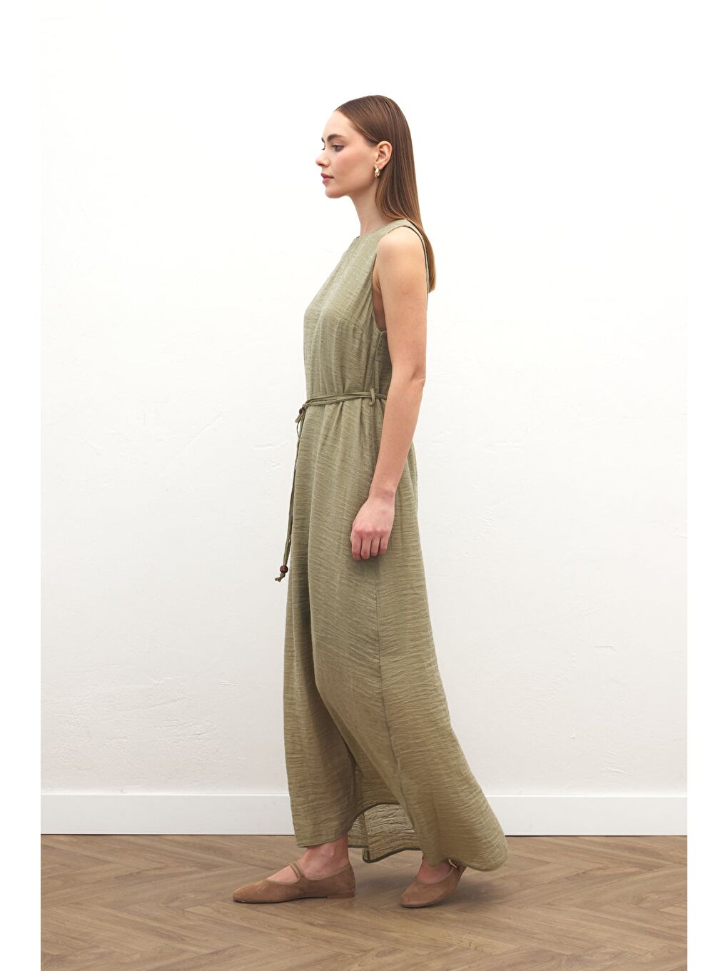 Kemer Detaylı Uzun Elbise - Haki-2