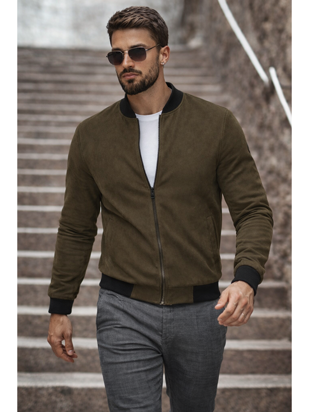 Erkek Basic Dar Kalıp Haki Nubuk Ceket-1