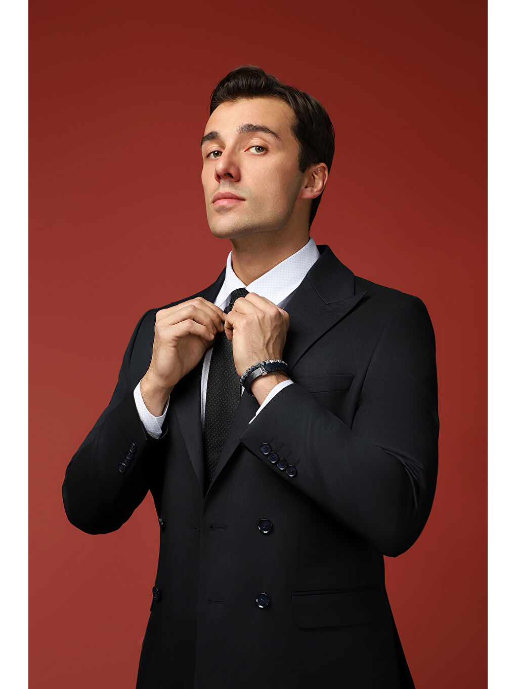 Siyah Slim Fit Dar Kesim Pamuklu Lyocell Kruvaze Takım Elbise-3