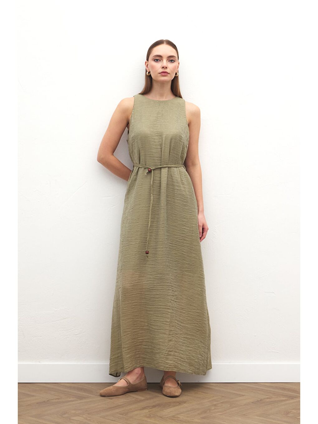 Kemer Detaylı Uzun Elbise - Haki-3