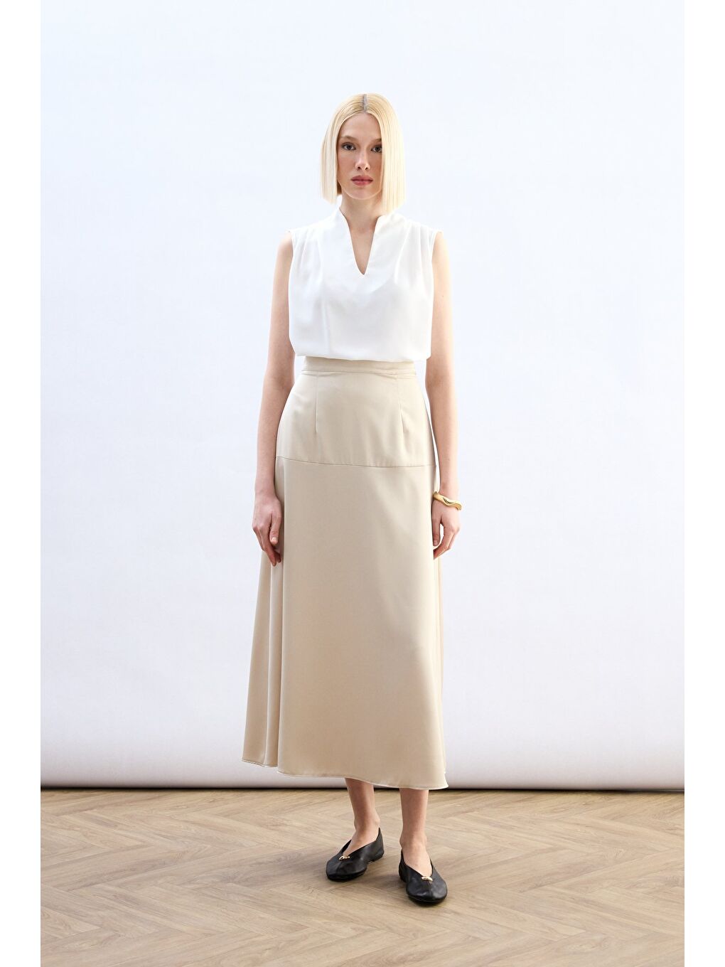 Bej Yüksek Bel Saten Etek - Taş-1