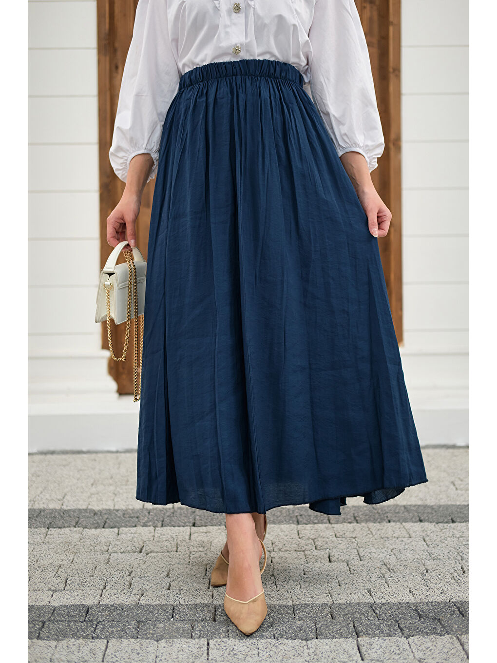 Kadın Beli Lastikli Kırışık Etek Lacivert