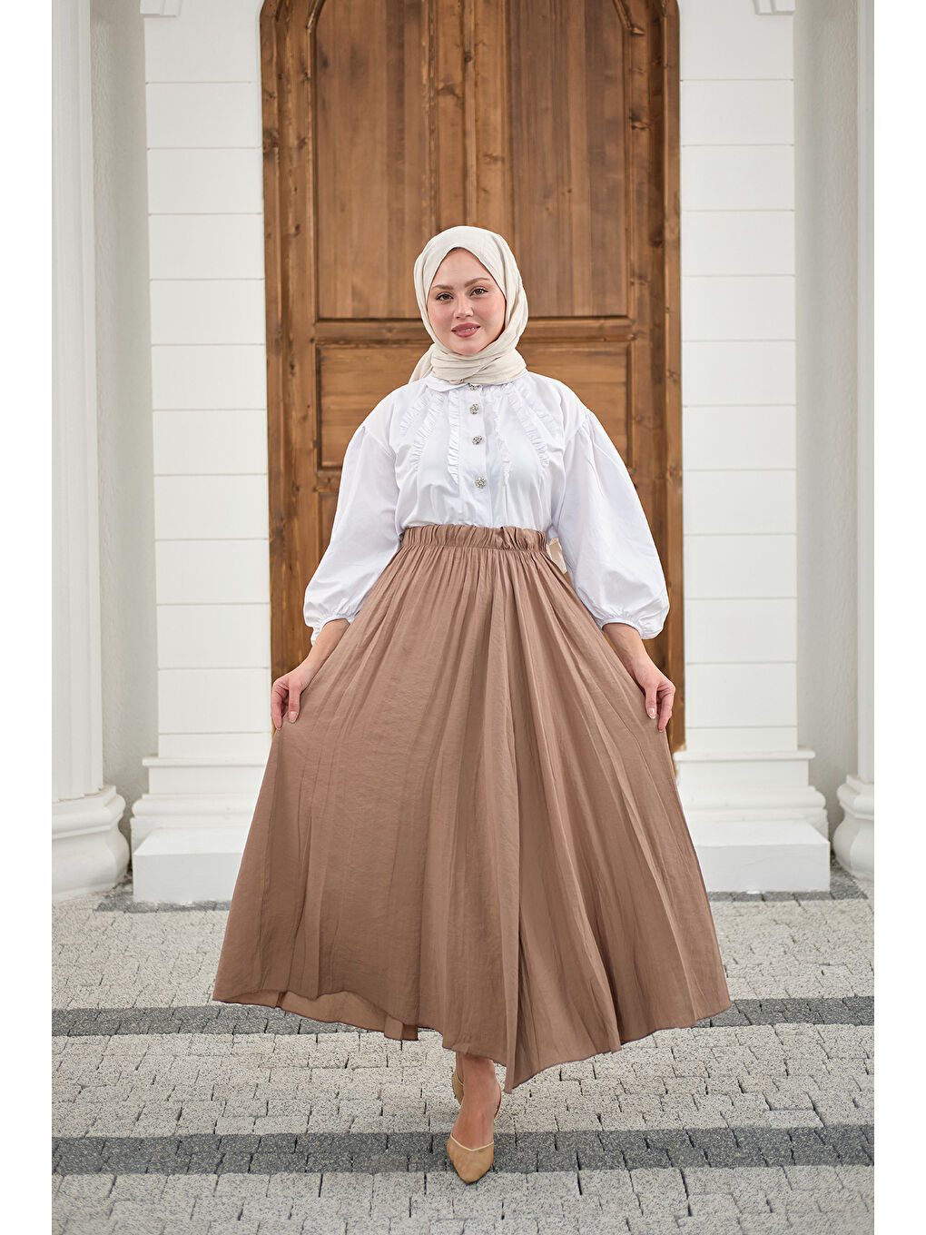 Bej Kadın Beli Lastikli Kırışık Etek Vizon-2