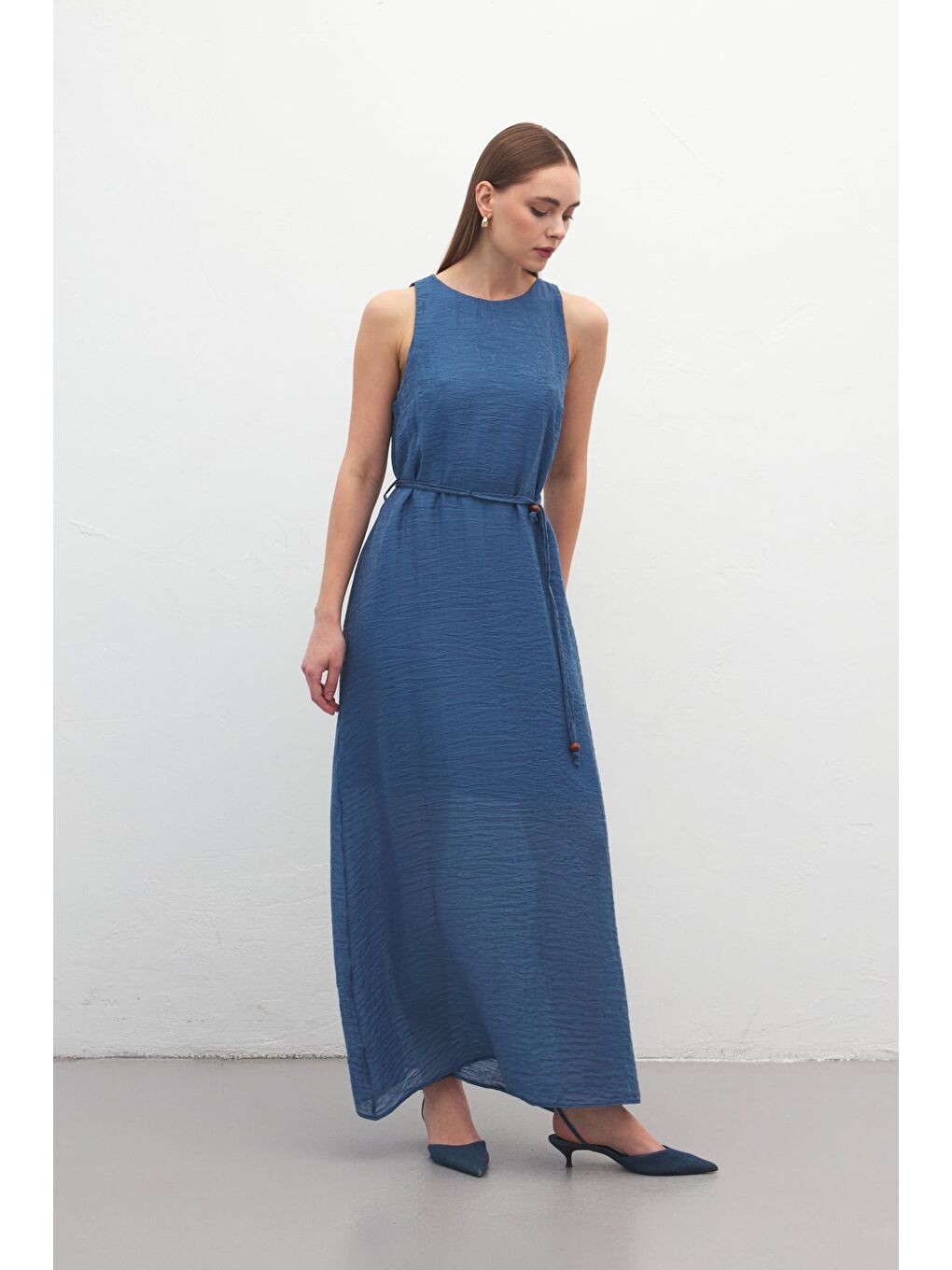 Kemer Detaylı Uzun Elbise - İndigo-4