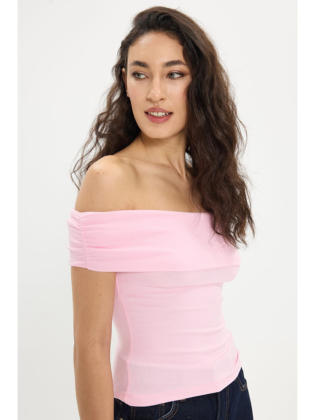 Kadın Slim Fit Dar Kesim Pamuklu Kayık Yaka Kısa Kollu Elastanlı Pembe Bluz-6