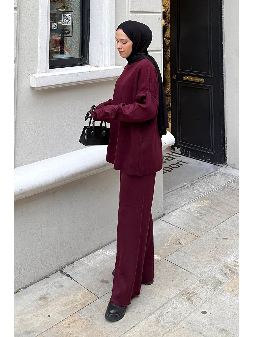 Düz İkili Triko Tesettür Takım Bordo-1