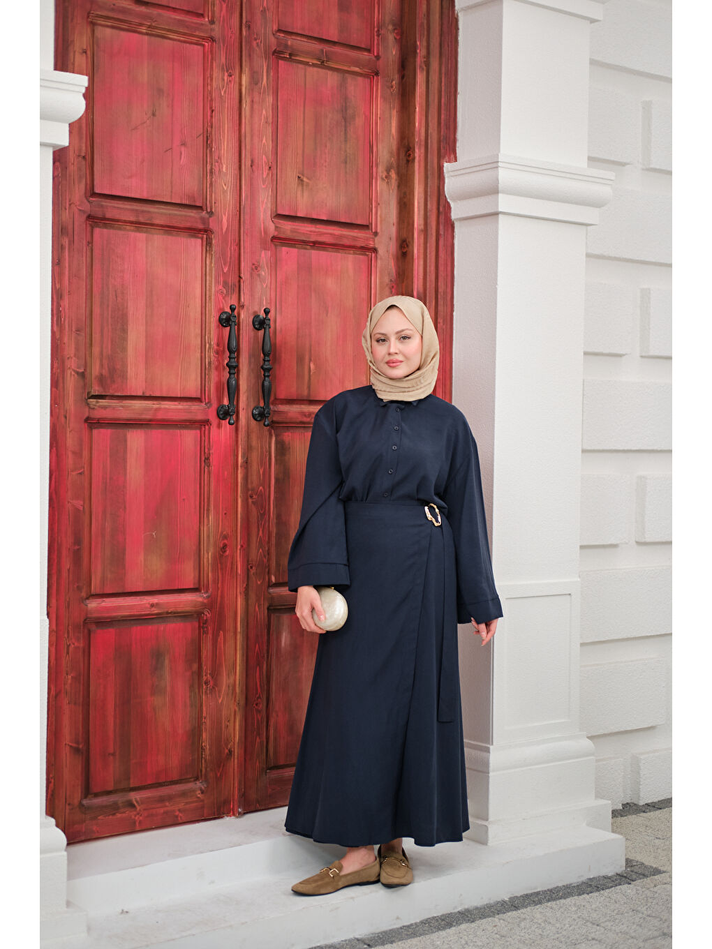 Kadın Gold Kemer Detay Gömlekli Takım Lacivert-1