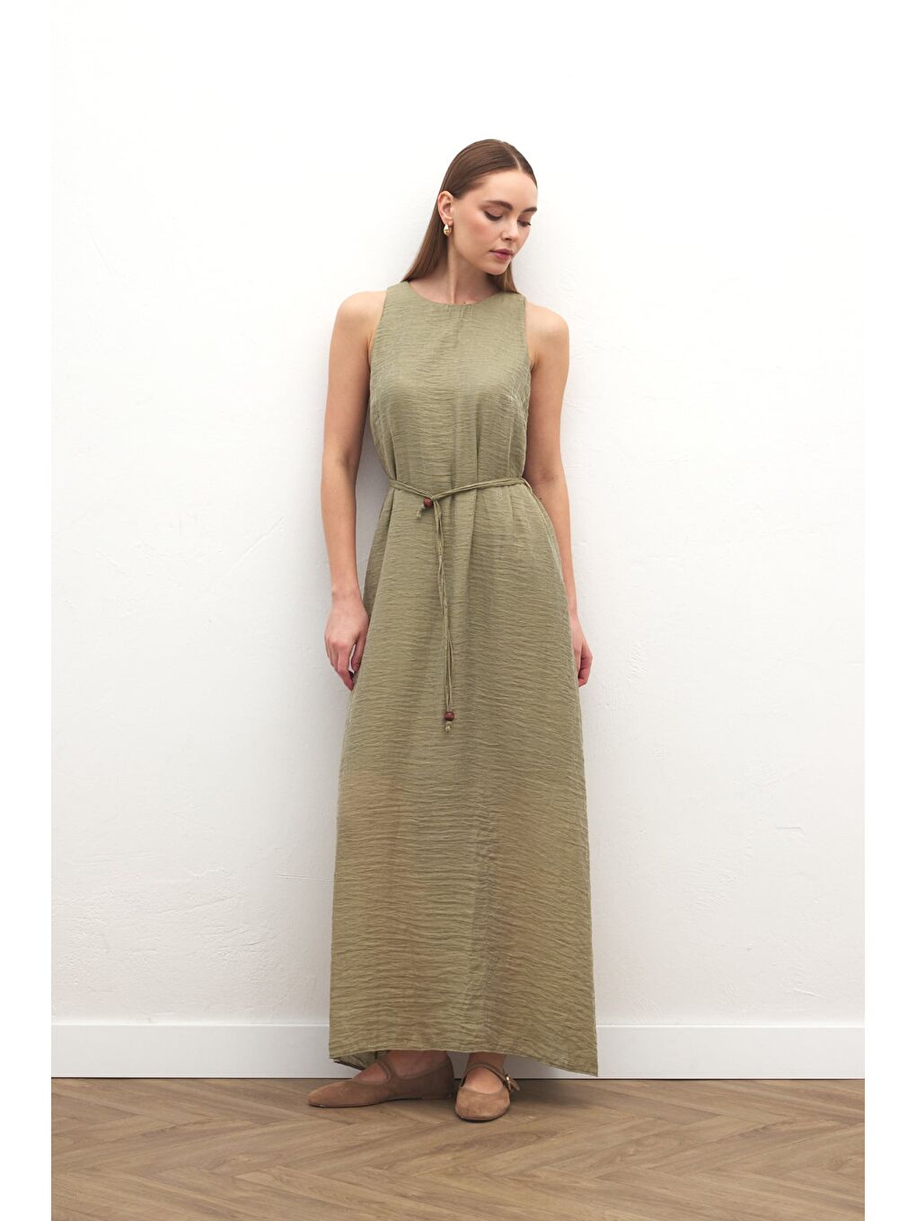 Kemer Detaylı Uzun Elbise - Haki-4