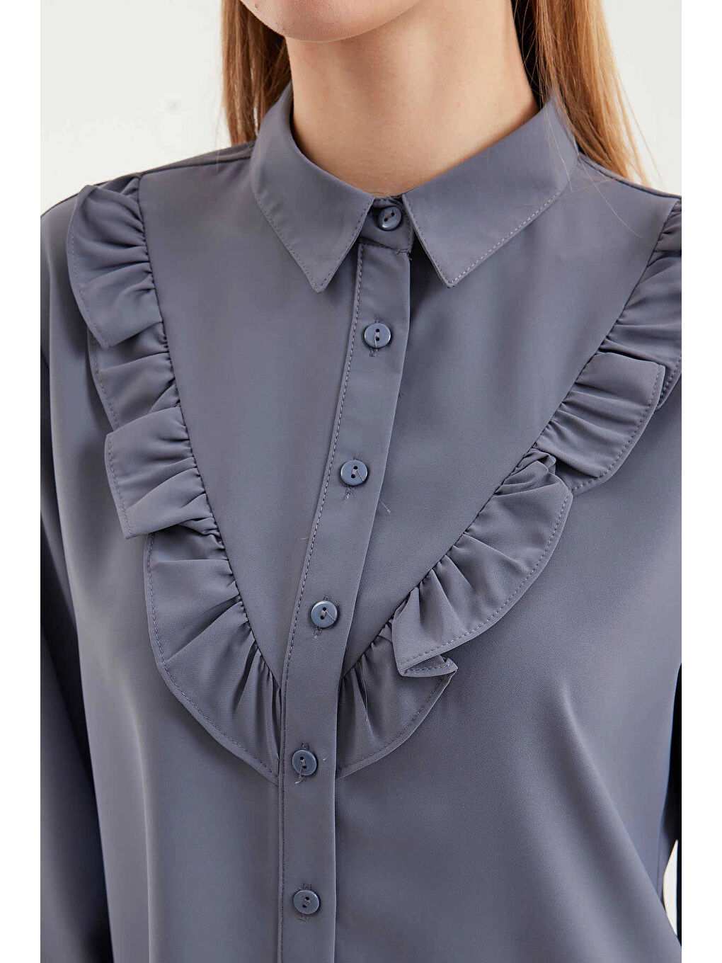 Kadın Gri Fırfır Detaylı Uzun Kollu Gömlek HZL25W-BD1202231-2