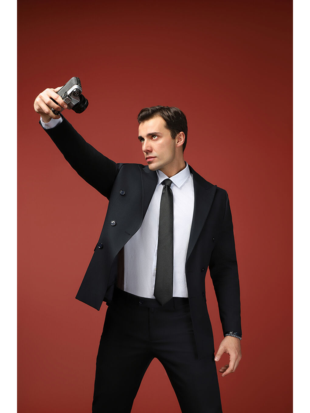 Siyah Slim Fit Dar Kesim Pamuklu Lyocell Kruvaze Takım Elbise-4