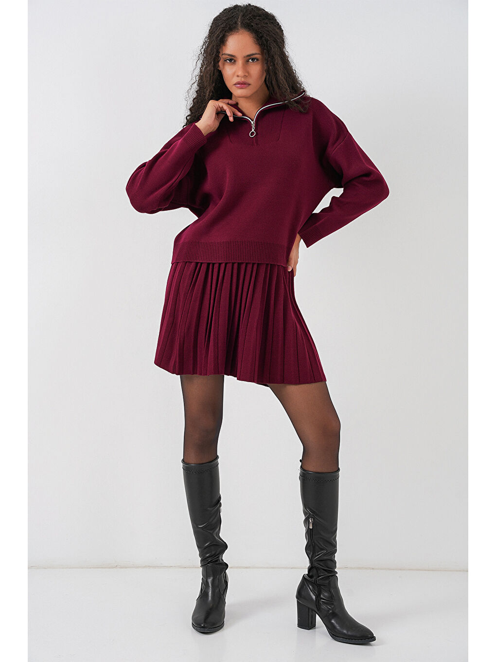 Kadın Kazak Etek İkili Takım 15938 - Bordo-1