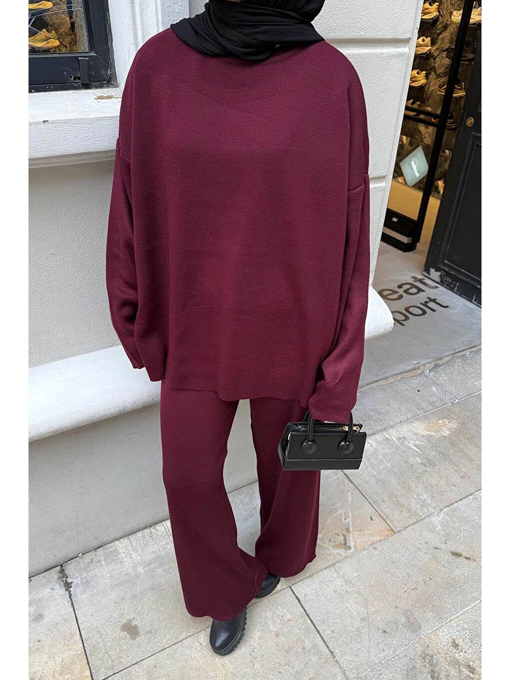 Düz İkili Triko Tesettür Takım Bordo-2