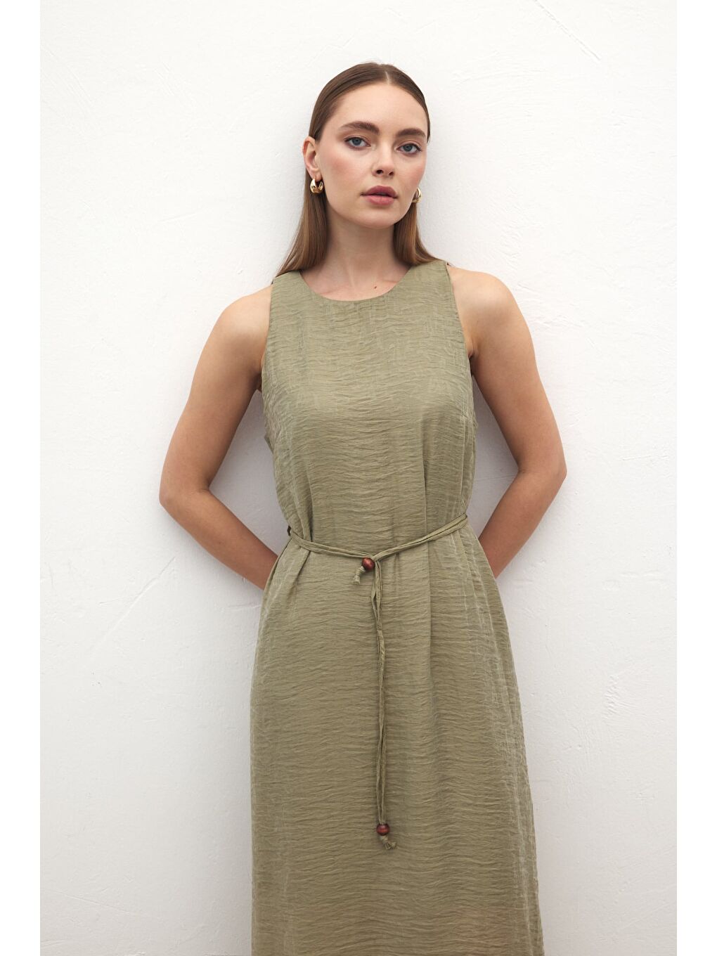 Kemer Detaylı Uzun Elbise - Haki-5