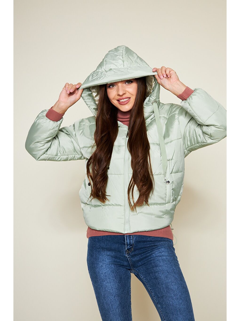 Yeşil Kadın Kışlık Cepli Basic Kapüşonlu Mint Şişme Mont-4