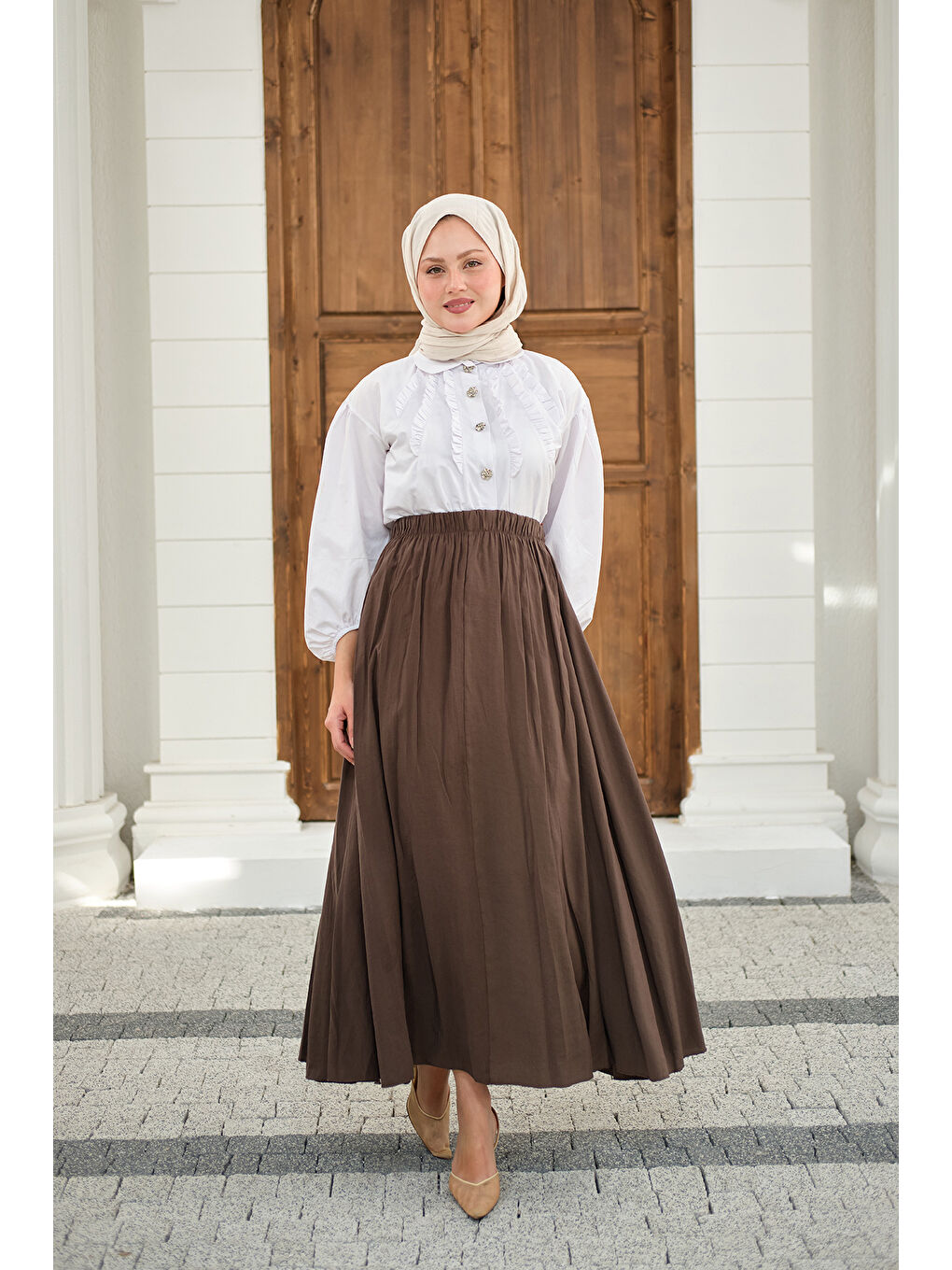 Kadın Beli Lastikli Kırışık Etek Kahverengi-4