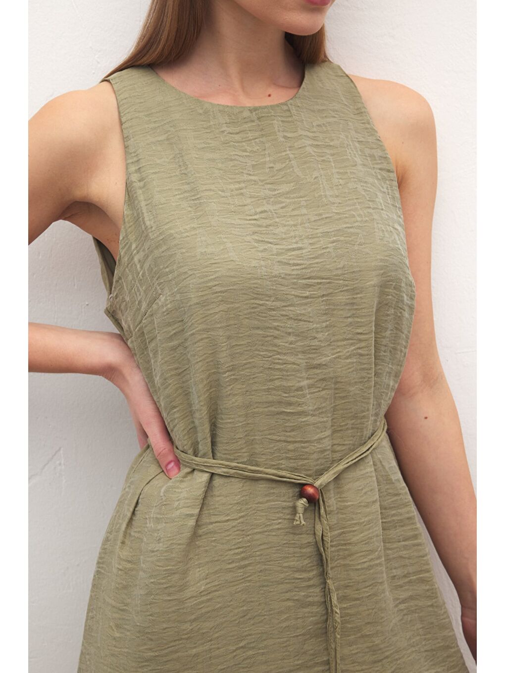 Kemer Detaylı Uzun Elbise - Haki-6