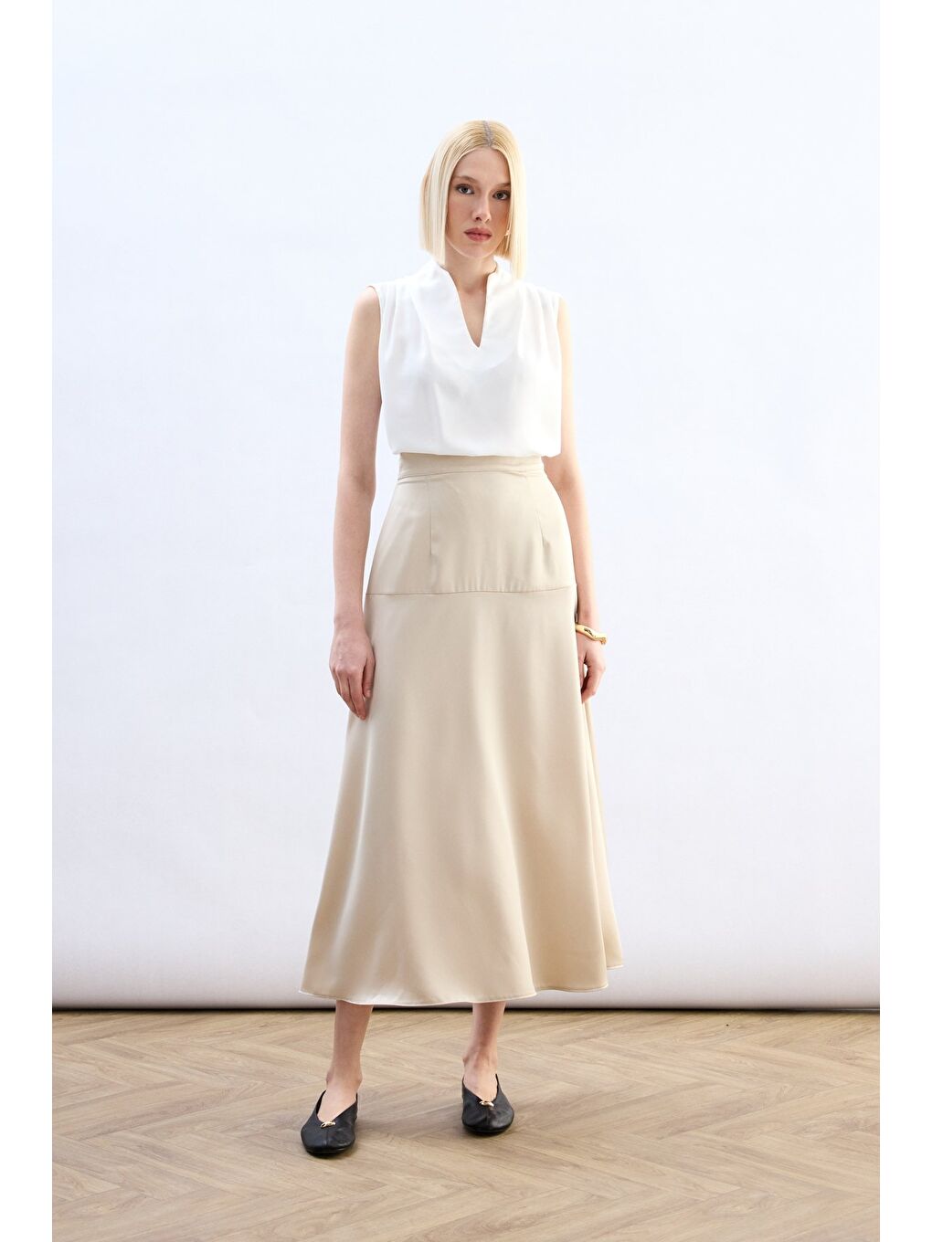 Bej Yüksek Bel Saten Etek - Taş-2