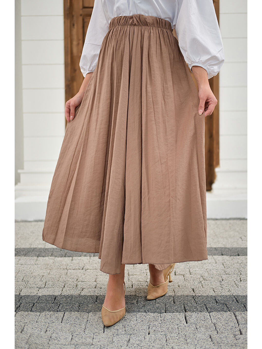 Bej Kadın Beli Lastikli Kırışık Etek Vizon-3