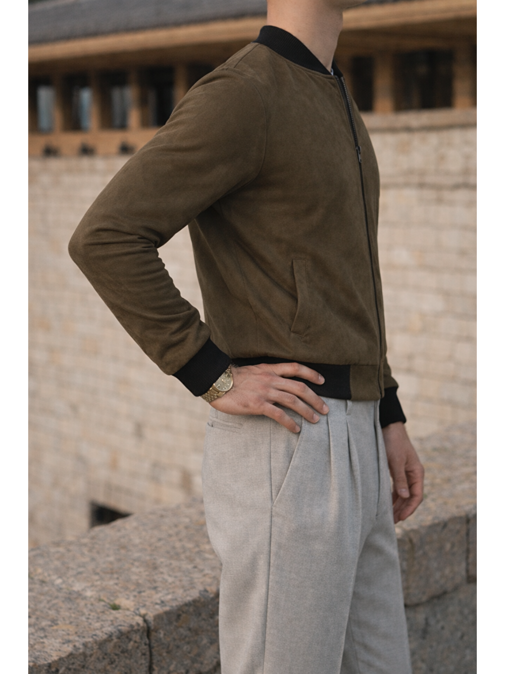 Erkek Smart Casual Haki Nubuk Ceket-4