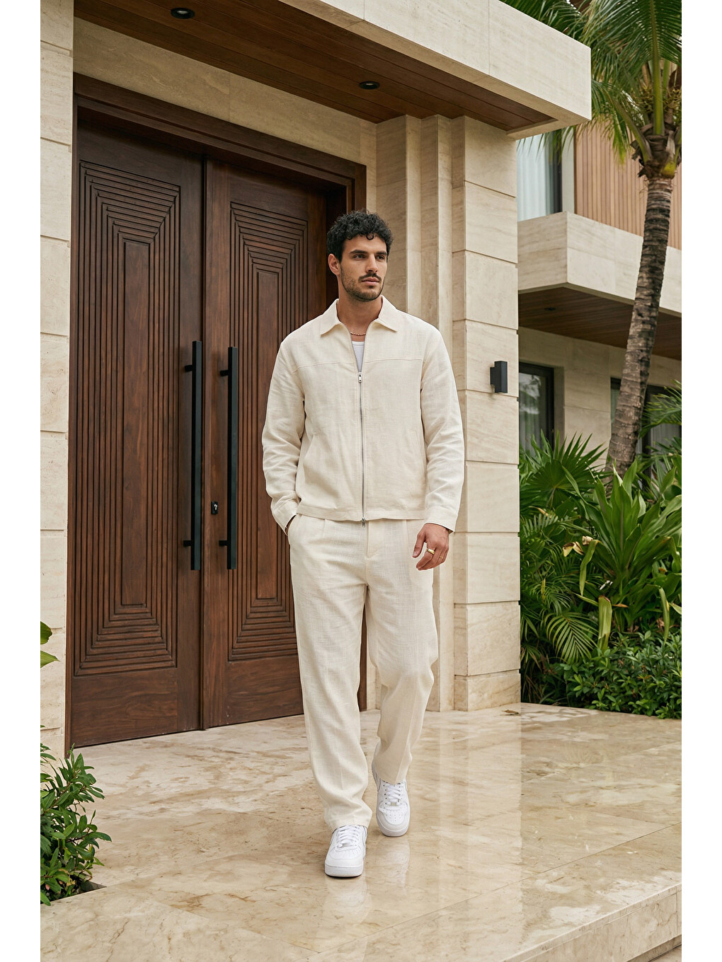 Bej Artigas Premium Fermuarlı Düz Basic Ceket Pantolon Erkek Takım Relax Kalıp-2