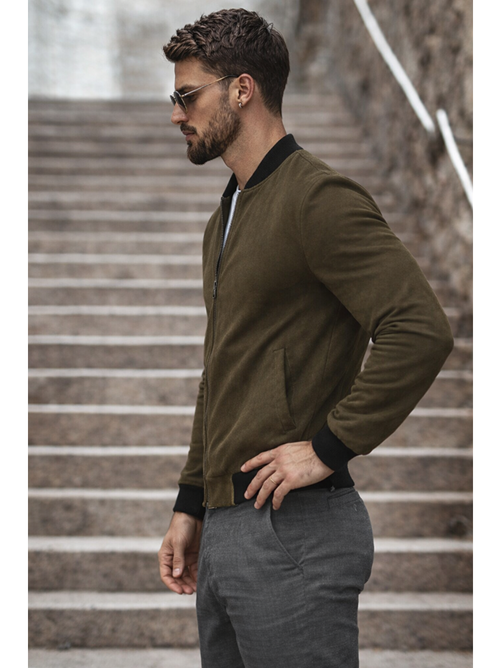 Erkek Basic Dar Kalıp Haki Nubuk Ceket-2