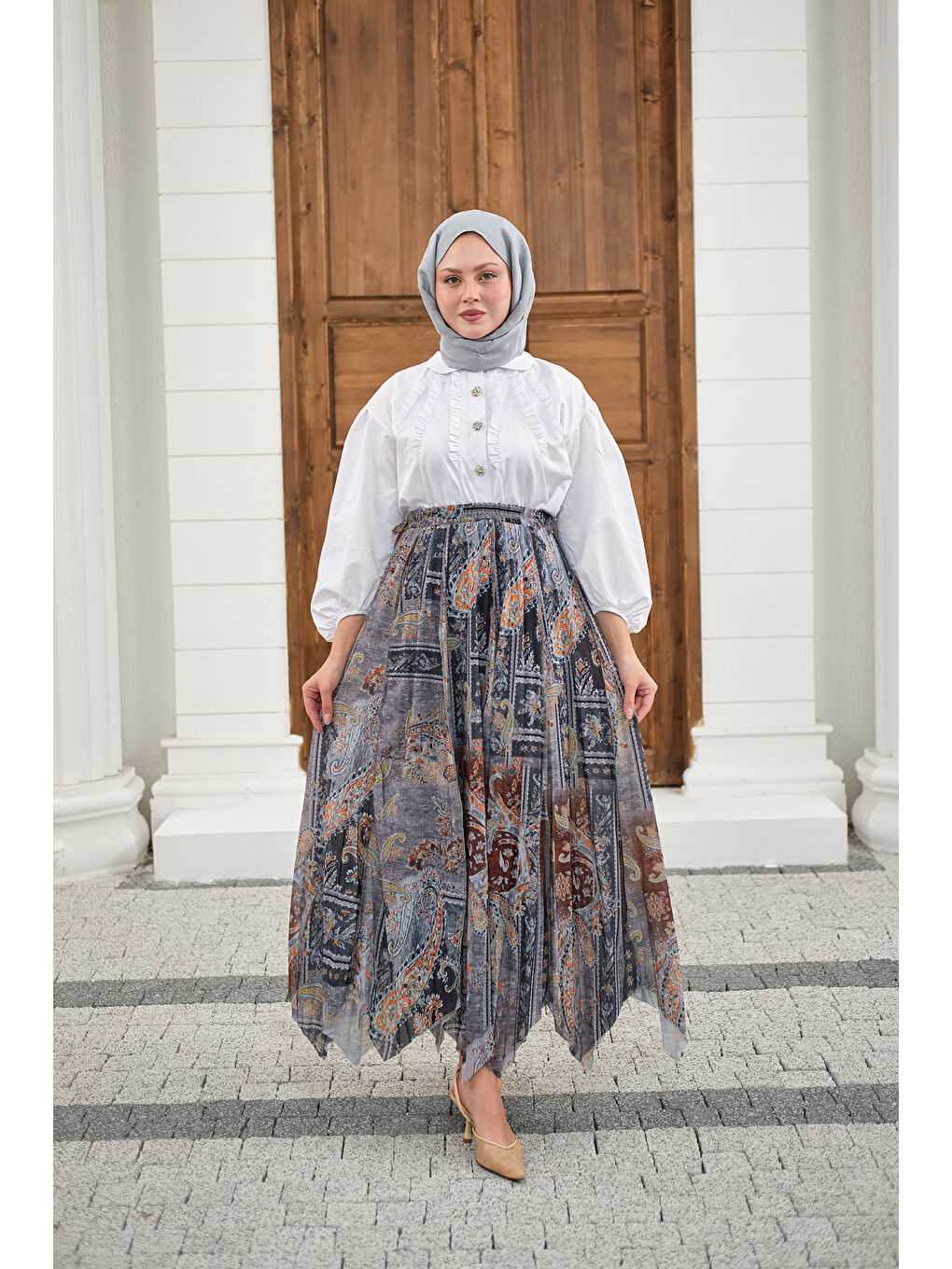 Kadın Etnik Desen Asimetrik Kesim Şifon Etek Antrasit-3