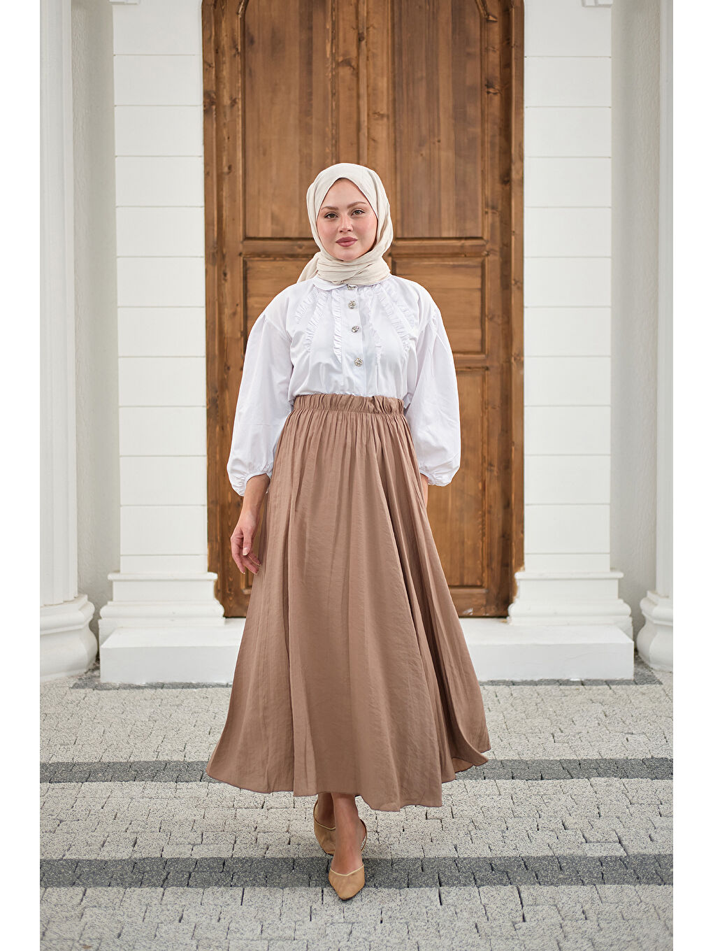 Bej Kadın Beli Lastikli Kırışık Etek Vizon-4