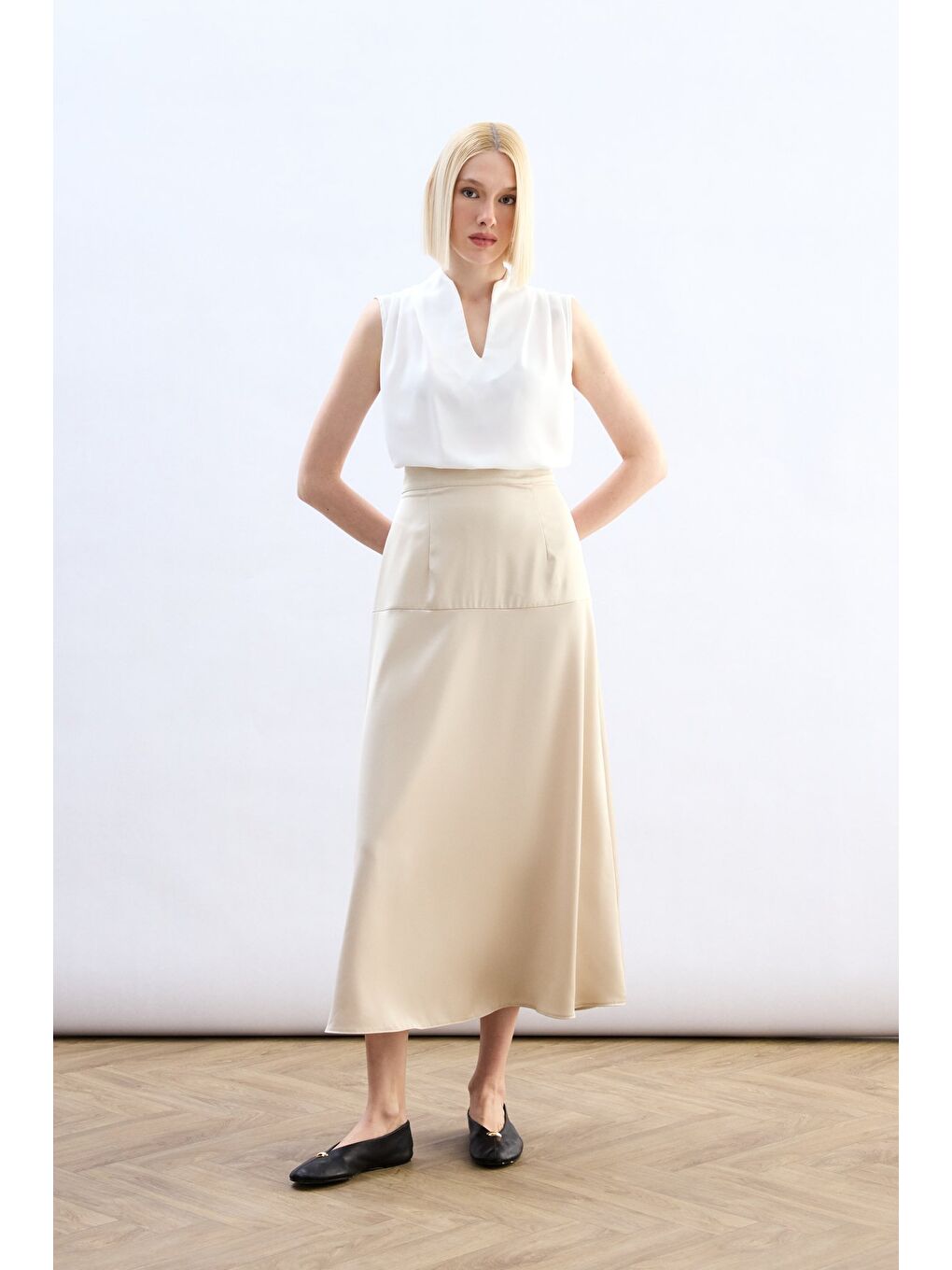 Bej Yüksek Bel Saten Etek - Taş-3