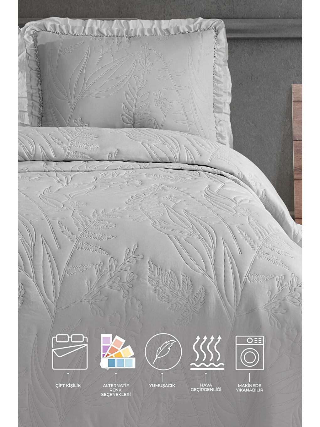 Veronika Çift Kişilik Yatak Örtüsü Seti (240x260 cm) Gri-1