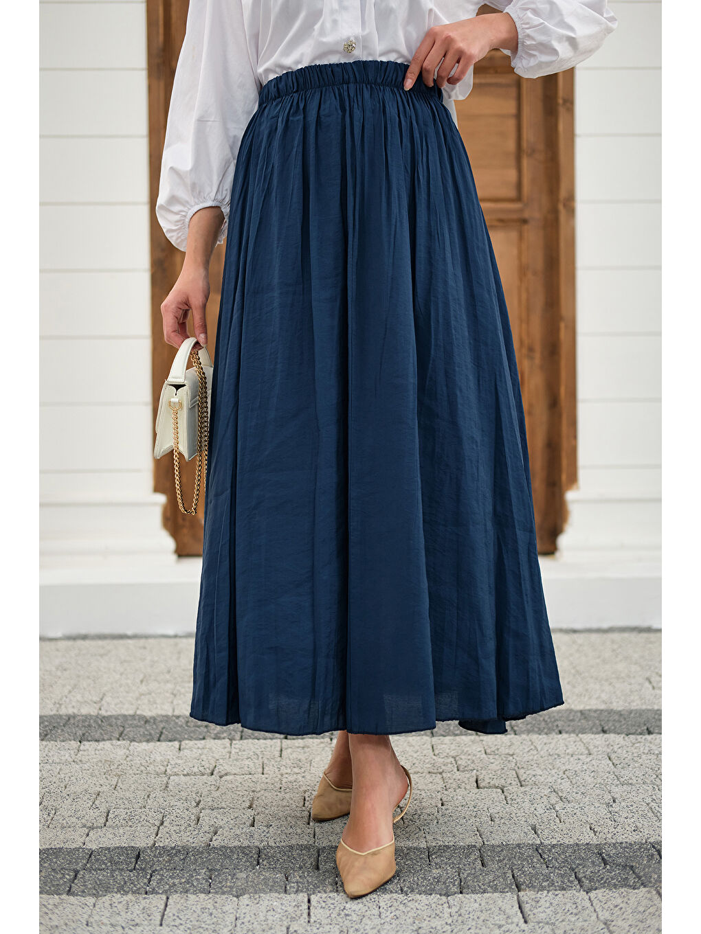 Kadın Beli Lastikli Kırışık Etek Lacivert-1