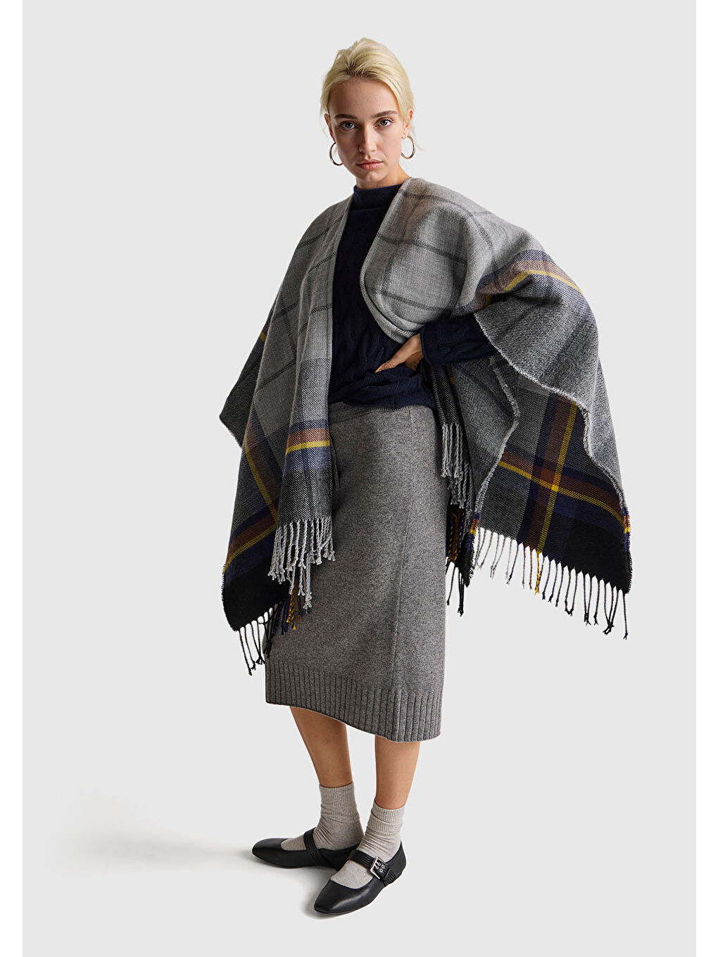 Gri Kadın Antrasit Melanj Pamuk ve Yün Karışımlı Ribana Detaylı Bağcıklı Örme Etek-4