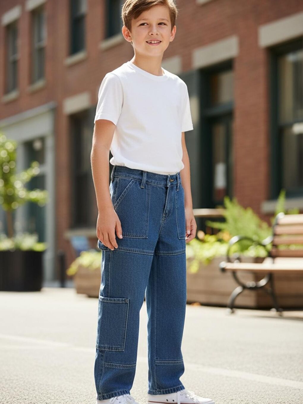 Mavi Erkek Çocuk Baggy-Fit Çok Cepli Jean Pantolon