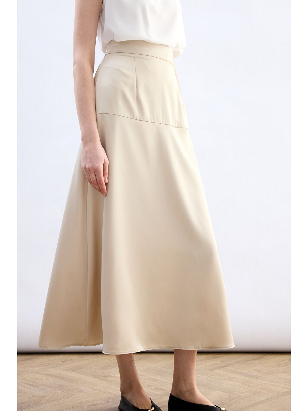 Bej Yüksek Bel Saten Etek - Taş-4