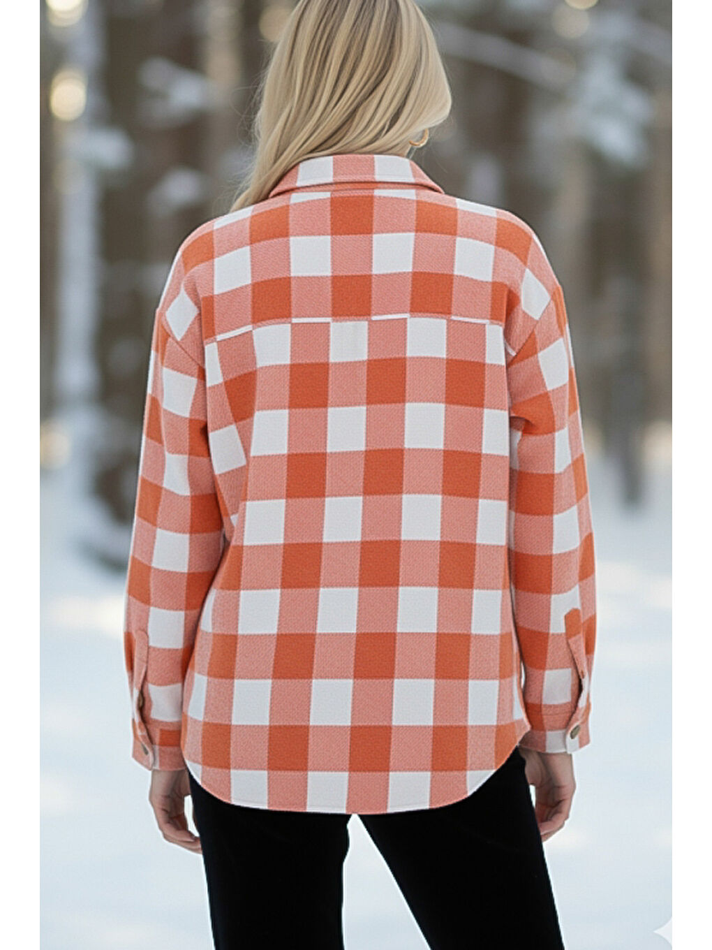 Turuncu-Beyaz Gömlek Yaka Manşetli Kollu Ekose Çift Kapaklı Cepli Kalın Oversize Dokuma Gömlek 68 66-1